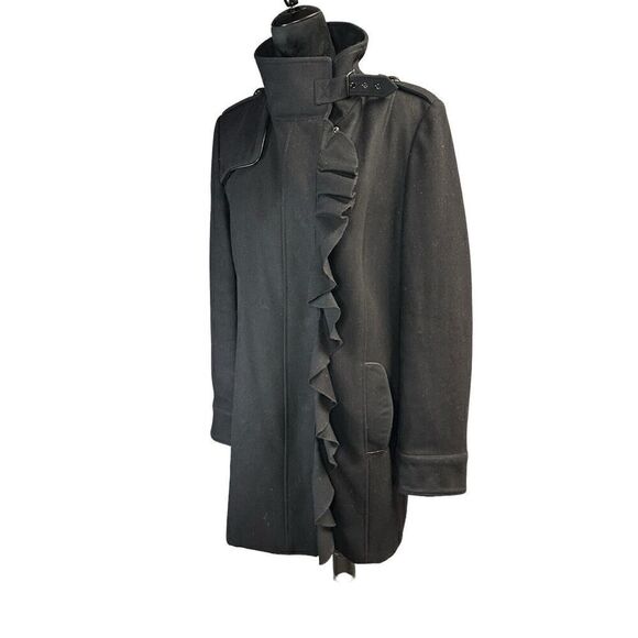 TAHARI~BLACK WOOL RUFFLE SNAP FRONT LEATHER TRIM COAT sz 14 - Picture 4 of 16